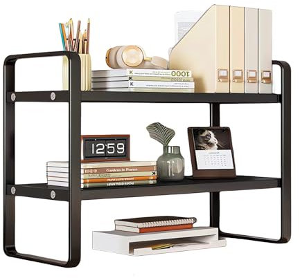 Desktop Organizer Rack, Büro Schreibtisch Lagerregal, Desktop Bücherregal Holz Bücherregal (Schwarz+Schwarz)