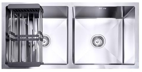 Lendo Online Doppelbecken mit faltbarem Siebkorb - Spülbecken - 87x44x20cm - Edelstahl - Einbauspüle mit Siphon Ab- und Überlaufgarnitur - Küchenspüle