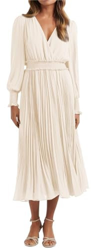 PRETTYGARDEN Damen-Wickelkleid, V-Ausschnitt, Frühlingskleid, Hochzeitsgäste, lässig, plissiert, langärmelig, Midi-Kleid, Rüschen, gesmokt, langes Kleid, Beige, Mittel