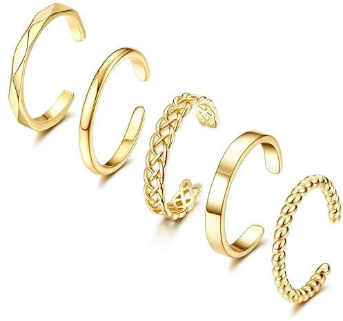 Adramata 5 Stück Ringe Frauen 14 Karat Vergoldete Ringe Set Knöchel Ringe für Damen Stapelbare Silber/Gold Ringe Einfache Plain Band Ring Verstellbare Ringe Set,G