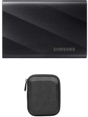 Samsung Portable SSD T9, 1 TB, 2.000 MB/s Lesen, 1.950 MB/s Schreiben, USB 3.2 Gen.2x2, PC, Smartphone und 12K Kameras, MU-PG1T0B/EU + Amazon Basics Festplattentasche, schwarz