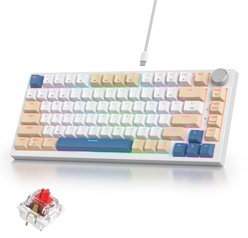 iRoboosta 75% Mechanical Keyboard with Volumn Knob, Gasket Hot Swappable RGB Gaming Keyboard, Wired Custom Keyboard with Red Switch, 82 Keys Compact Creamy Keyboard (82 Creamy White)