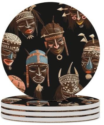 Untersetzer für Getränke, 4er-Set, afrikanisches Ritual, ethnisch, Tribal, rund, Keramik, saugfähig, Untersetzer mit Korkboden, Tischschutzmatte für Holztisch, Bar, Einweihungsgeschenke
