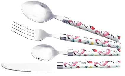 Lebrun Couverts FLAMANT ROSE - Service de table pour 6 personnes - Ménagère 24 pcs - 6 fourchettes, 6 couteaux de table, 6 cuillères à soupe, 6 cuillères à café Motif Flamant Rose - Marque Française