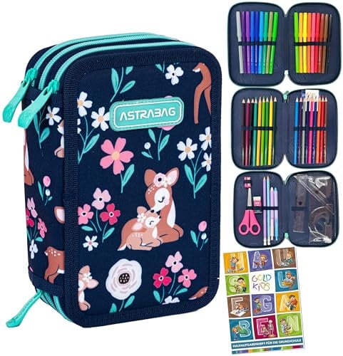 Goldkids - Federmäppchen 3 Fächer - Mäppchen für Mädchen - Federmappe 3-Fach Federtasche Gefüllte Schüleretui 46-teilig - Schulmäppchen und Hausaufgabenheft - Deer Motiv