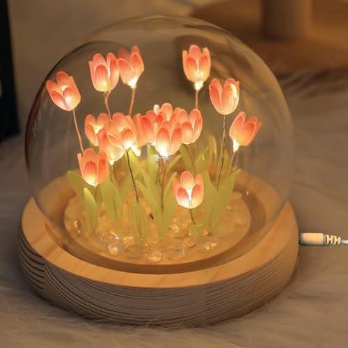 WIYETY Tulpen Lampe DIY Tulpe Nachtlicht: Tulpen Nachttischlampe, Tulip Lamp mit Glasabdeckung, Atmosphäre Licht Schlafzimmer Schlafen Tischlampe, Tulpe Blume Lampe für Kinder Mädchen Paar