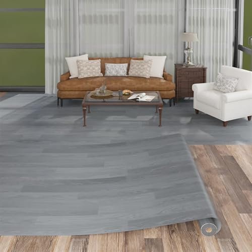 Vinylboden in Holzoptik– PVC Bodenbelag Rolle, Bodenfliesen mit Klebeband, Wiederverwendbar, Wasserfest, Ohne Kleber Fliesenoptik Bodenmatte für Wohnbereich, Kellergeschoss 00x300cm Hellgrau