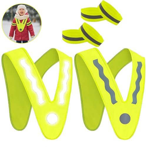 Ceeyoll 4 PièCes, Gilets de Sécurité pour Enfants, Gilet Fluorescent De SéCurité avec,Gilet De Signalisation en Forme De V,360°Visibilité à Gilet Réfléchissante,pour 3-12 Ans Enfants.