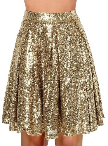 Pailletten Rock Damen Minirock Glitzer Pailletten Karneval Rock Goldener Rock Petticoat Minirock kurz Mini Rock Faltenrock Stilvoll Glitzer Rock Tanz Rock Hohe Taille Metallischer Glocken (a-Gold, S)
