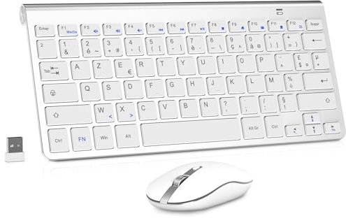 cimetech Ensemble Clavier et Souris sans Fil Silencieux, 2,4G Récepteur USB, AZERTY Mini Clavier Slim Compacte Portable et Moderne pour PC/Ordinateur Portable/Ordinateur de Bureau - Blanc