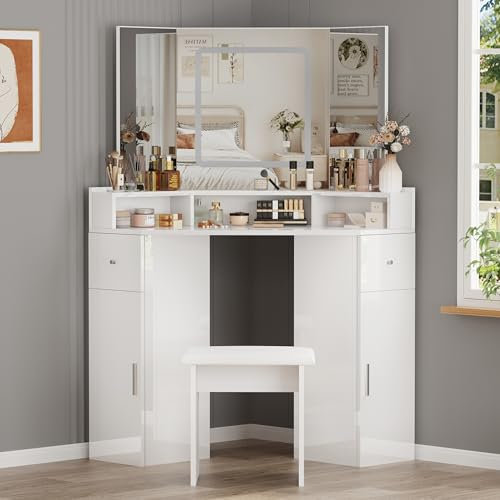 BSTSEL Corner Dressing Table with Mirror and Stool 3 Adjustable LED Lights Vanity Desk 3 Compartments, 2 Drawers Cabinets, Large Storage Makeup Desk for Bedroom (High-gloss Finish with Smart Mirror)