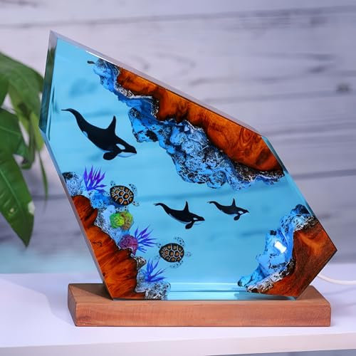 Drawelry 3D Ozean Figur Harz Statue Ornamente mit Holzsockel LED Nachtlicht Epoxidharz Meerestier Hai Wale Oktopus Taucher Figuren Skulptur Mini Meere Aquarium für Zuhause, Büro, Tisch Deko (C9)
