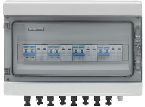DC1000V Solar Anschlusskasten,4 in 4 Out DC Trennschalter PV Sicherungsautomat mit Überspannungsschutz,IP65 Wasserdicht PV Anlage 4 String Solar PV Anschlusskasten (25A)