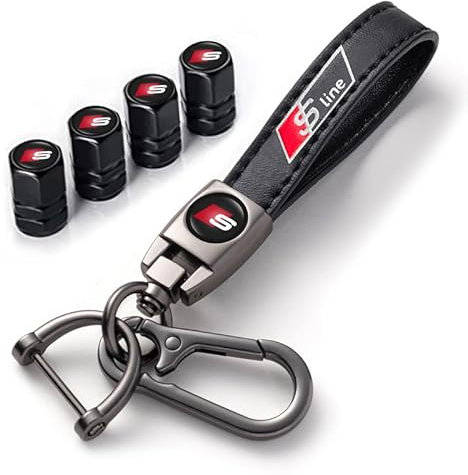 4pcs Auto Reifen Staubkappen&Auto Schlüsselanhänger Set für Audi S Line S1 S2 S3 S4 S5 S6 S7 S8 SQ2 SQ5 SQ7 SQ8, die Kombination von Auto Reifen Ventilkappen+Auto Schlüsselanhänger