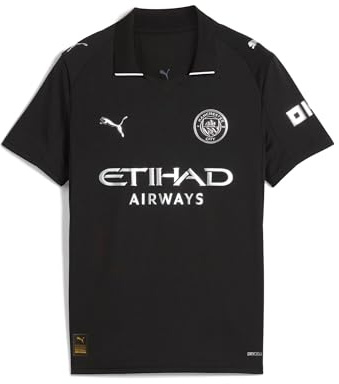 PUMA Kinder Manchester City Auswärtstrikot 2025/26 - Schwarz | Offizielles Replica-Fußballtrikot; kurze Ärmel; normale Passform; dryCELL feuchtigkeitsableitend; atmungsaktives Material
