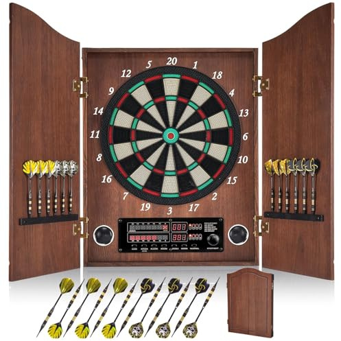 Yirinatek Dartscheibe Elektronisch, Dekoratives Elektronische Dartscheibe Schrank-Set [12 Bronze Soft-Tip Pfeile][Cricket-Spielmodus], Profi E Dart Scheibe mit Holzschranktüren - Kaffee