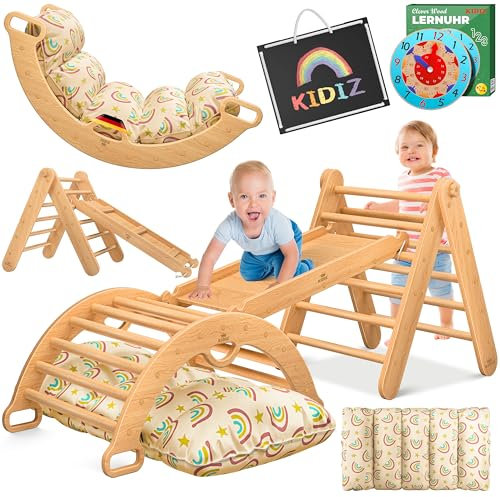 Kidiz® Klettergerüst Montessori 7in1 Spiel-Set mit Kletterbogen Rutsche Kletterdreieck aus Holz inklusive Kissen, Tafel & Lern-Uhr | Indoor Spielplatz für Kleinkinder ab 1 Jahr & Kinder bis 3 Jahre