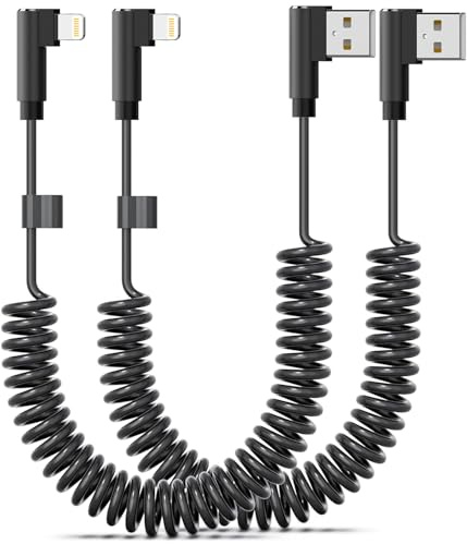 90 Degree Coiled Lightning Cable, 2 Pack, 3 FT, Right Angle Short iPhone Charger Cord [MFi Certified] USB A to Lightning Apple CarPlay Cable Compatible with iPhone 14/13/12/11 Pro Max XS XR X (Black)