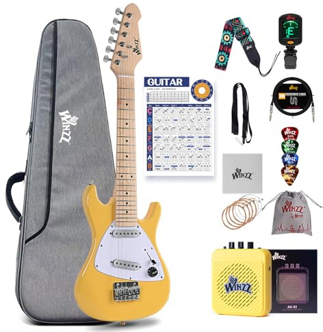 Winzz 30-Zoll-E-Gitarren-Einsteiger-Set für Kinder, Junior-E-Gitarre im Mini-Format (1/4 Größe) für Kinder, Komplettset für Einsteiger mit Verstärker, Farbe: Gloosy Gelb