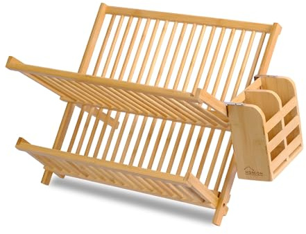 Dish Drainer Drying Rack Folding 2 Tier Drainer Dish Drying Rack with Cutlery Holder Utensils Holder Set Engineered Wood X-shape Round Slats Easily Foldable Compact and Space Saving Tidy Plates
