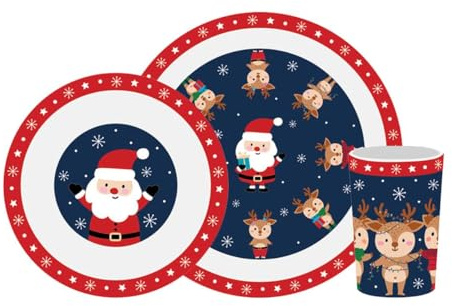 YöL 3 Piece Kids Christmas Dinner Set - Plastic Plate Bowl Cup Food Crink Breakfast Lunch Dining Table - Santa Reindeer Red Blue Snowflake Design Baby Toddler