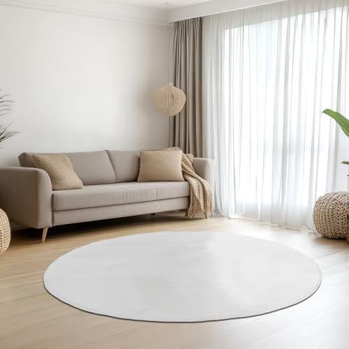 Teppich-Traum Kurzflor Teppich Rund Hasenfell-Optik Weiß Ø 120 cm | Seidig weich und pflegeleicht, rutschhemmend, formstabil, saugrobotergeeignet, allergikerfreundlich, OEKO-TEX geprüft