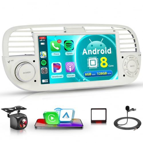 6G 128G Android Car Stereo for Fiat 500 2007-2015 with Wireless Carplay Android Auto, Rimoody 7 Inch Touch Screen Car Radio Bluetooth GPS WiFi FM/RDS Mirror Link RCA USB SWC + Backup Camera