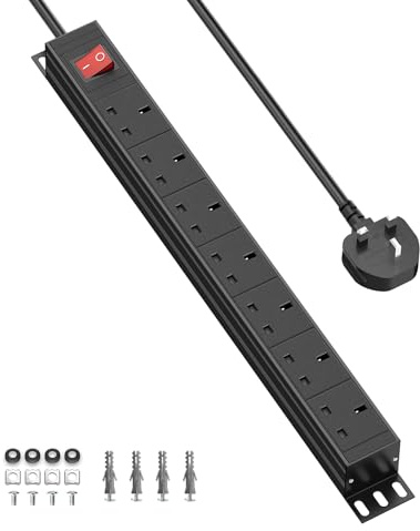 Alpheus Extension Lead Surge Protection 7 way, 19in Rack Mount Power Strip | Wall Mount Power Socket, Metal Housing, Adjustable 180° Mounting Bracket, Ideal for 19in Rack PDU, Workshop, Office Home Use