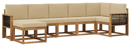 vidaXL Outdoor-Sofagarnitur mit Kissen 7 pcs Natur und Beige Polyester, Modularer Gartensofa-Set, modernes Outdoor-Sofa, wetterfester Terrassenmöbel, Akazienholz, braunes Sitzen