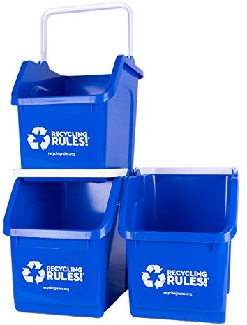 Blue Stackable Recycling Bin Container with Handle 6 Gallon - 3 Pack of Bins