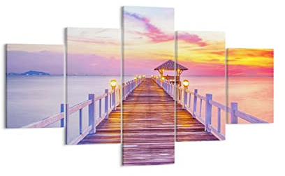 Bilder auf Leinwand Sonnenuntergang Wasser Brücke Horizont Leinwandbild 125x70cm Wandbilder Dekoration Wohnzimmer Schlafzimmer Set 5 teilige Klein Wanddeko Bild Kunstdruck Art Canvas EA125x70-2515