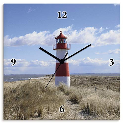 ARTLAND Wanduhr ohne Tickgeräusche Alu Quarzuhr 30x30 cm Quadratisch Lautlos Strand Meer Leuchtturm Urlaub Sylt Maritim T9ML
