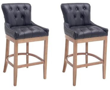 CLP 2er Set Barhocker Lakewood Mit Echtlederbezug I 2 x Tresenstuhl Mit Gestell Aus Kautschukholz Und Rückenlehne, Farbe:schwarz, Gestell Farbe:antik-hell