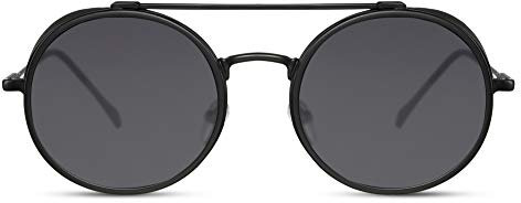 Cheapass Sonnenbrille Klassisch Rund Schwarz Metall mit grauen Linsen und extrem coolen Seitenklappen UV400 für Festival Männer