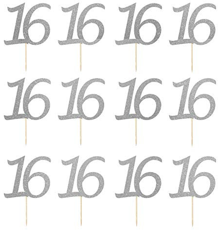 LissieLou Number 16 Cupcake Toppers Pack of 12 in Pretty Glitter Card, Made in the UK - Silver