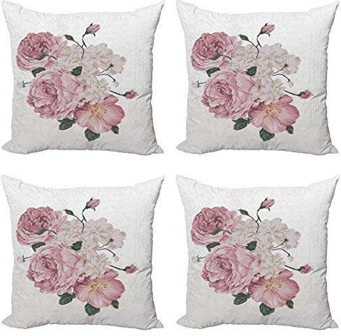 ABAKUHAUS Rose Dekokissen Kissenbezug 4er Pack, Alte Rosen Corsage Grunge, Modern Accent Doppelseitiger Digitaldruck, 60 x 60 cm, Beige Rose Grün