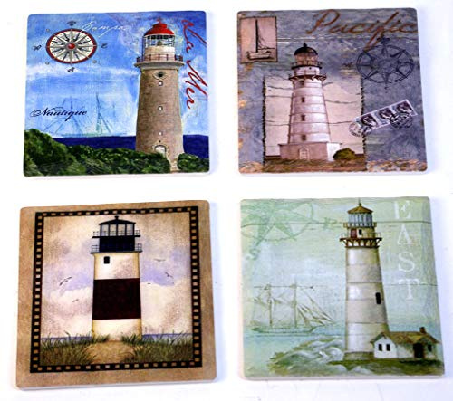 GeKi Trend Untersetzer aus Porzellan 4er Set Maritim Vintage Leuchtturm mit 3D Wellen-Relief