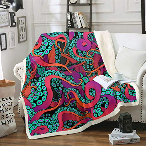 Tintenfisch Tentacles Decke 150x200cm Ozean Kraken Druck Wohndecke Scary Lila Grün Design Kuscheldecke für Kinder Meer Marine Tier