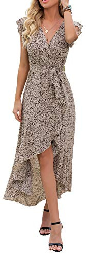 GRECERELLE Women's Summer Casual Cross V Neck Dress Bohemian Flowy Long Maxi Dress FP Floret Coffee-Medium