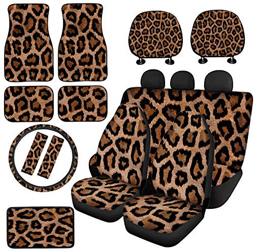 SEANATIVE Fashion Leopard Skin Print Auto Sitzbezüge-Set mit braunem Geparden-Motiv, Fußmatten, Kopfstützenkissen, Armlehnenbezug, Lenkradbezug, Sicherheitsgurt-Schulterpolster