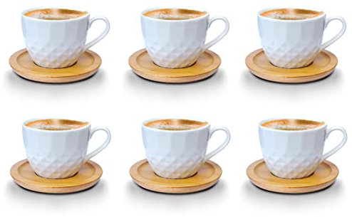 Kaffeetassen Espressotassen Cappuccinotassen mit untersetzer Holz Optik Porzellan 6 Tassen + 6 Untersetzer Weisse Kaffeetassen Set (Tasse 200 ml - Model 3)
