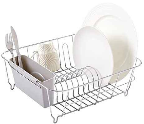 Dish Drying Rack & Cutlery Holder 2 Piece Set - Compact Sink-Fitting Dish Drainer with Rubberized Undercoating, Space-Saving Kitchen Organizer for Plates, Cups, Bowls & Utensils in Sink, Silver