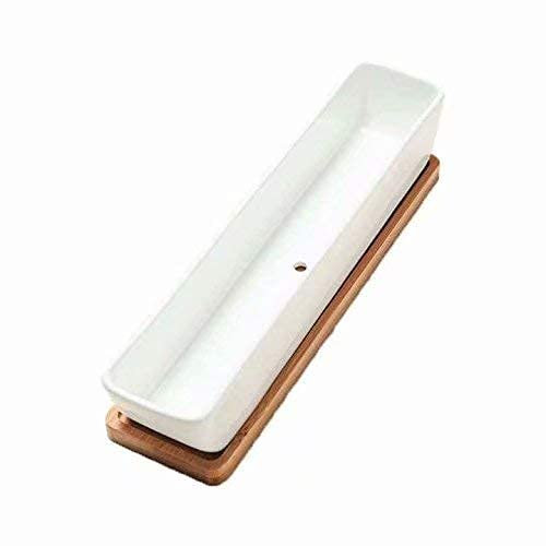 Ecoodisk Suculenta Pot de cerámica Blanca Cactus Cactus contenedor Rectangular con Bandeja de bambú Mini macetas