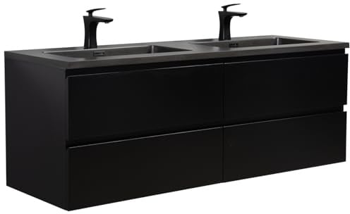 Badezimmer Badmöbel Set Angela 140 cm - Schwarzes Waschbecken - Matt Schwarz - Unterschrank Schrank Waschbecken Waschtisch
