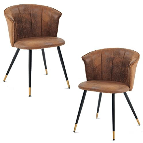 MEUBLE COSY Esszimmerstühle 2er Set Küchenstuhl Retro Polsterstuhl mit Armlehne Sessel Vintage Künstlich Wildledersitz Metallbeine Braun + Goldfarben