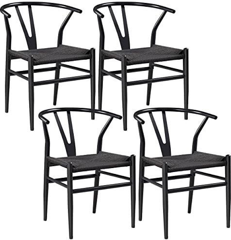 Yaheetech Dining Chair Weave Mid-Century Metal Y-Shaped Accent Chair with Hemp Seat for Kitchen, Dining, Living Room Set of 4 Full Black