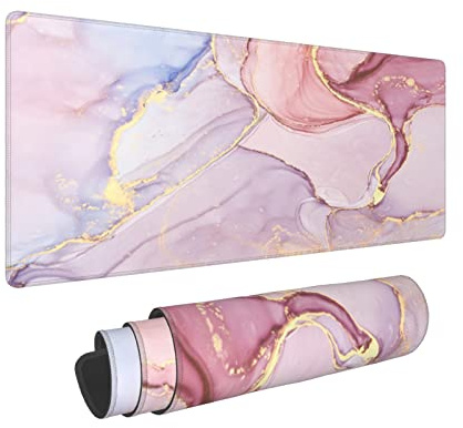 XL Gaming Mouse Pad - Pink Blue Gold Marble - Large Extended - Rubber Base - Laptop Desk Pad - Computer Keyboard Mat for Work Game Office Home - 31.5×11.8 in