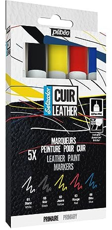 PEBEO Set Setacolor Acrylique Cuir et Similicuir – Personnalisation Sac, Chaussure-Résistance Rayures, pliures, frottements-Pointe Extra-Fine – 5 Marqueurs Couleurs Primaires