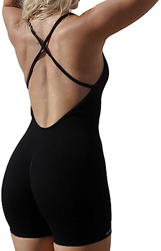 AUROLA Strampelanzug für Damen, Workout, Yoga, Fitnessstudio, nahtlos, einteiliger Overall, Bauchkontrolle, gepolsterter Sport-BH, Schwarz, M