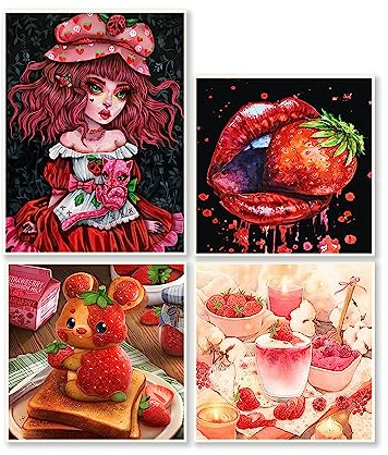 DCIDBEI 30 x 40/30 CM 5D Runde Diamond Painting Erdbeer-Mädchen, 4 Stücke Diamant Stickerei Früchte, Puzzle Diamant Prinzessin Erwachsene, Wohnzimmer-Schlafzimmer-Dekoration